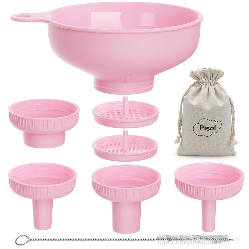 Pisol Wide Mouth Versatile Funnel, Canning Funnels for Kitchen Use, Food Grade Plastic Cooking Funnel Set with 4 Size Spouts and 2 Strainers for Filling Different Bottles and Bags, Pink - Image 1